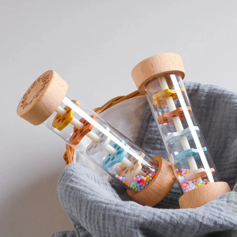 Montessori Wooden Baby Rain Stick – Rainbow Hourglass Music Rattle Toy
