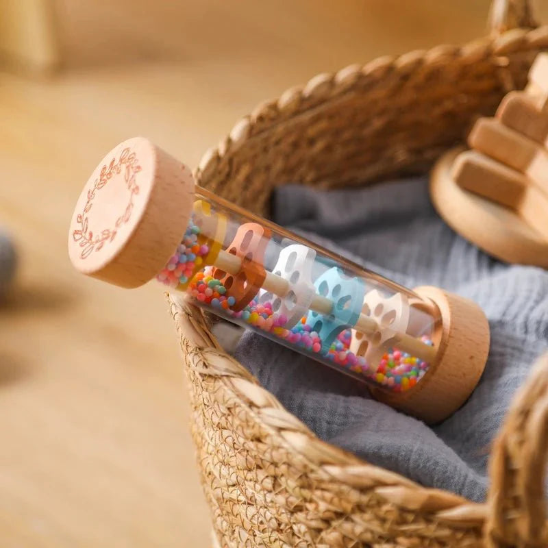 Montessori Wooden Baby Rain Stick – Rainbow Hourglass Music Rattle Toy