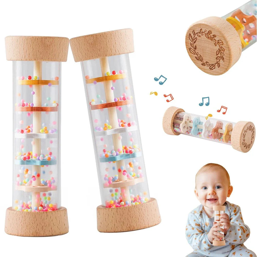 Montessori Wooden Baby Rain Stick – Rainbow Hourglass Music Rattle Toy