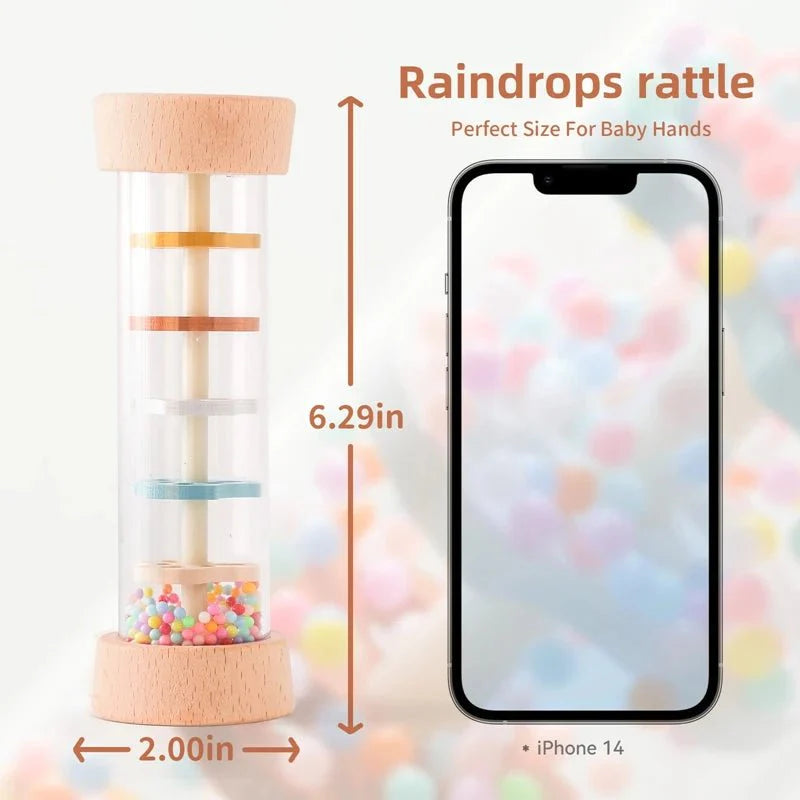 Montessori Wooden Baby Rain Stick – Rainbow Hourglass Music Rattle Toy