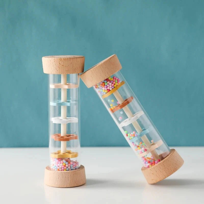 Montessori Wooden Baby Rain Stick – Rainbow Hourglass Music Rattle Toy
