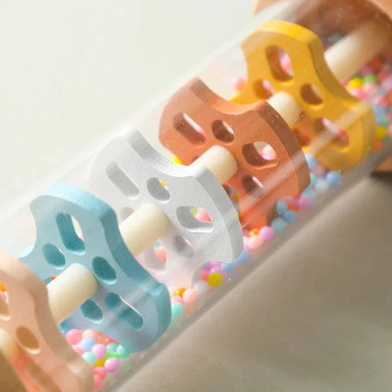 Montessori Wooden Baby Rain Stick – Rainbow Hourglass Music Rattle Toy